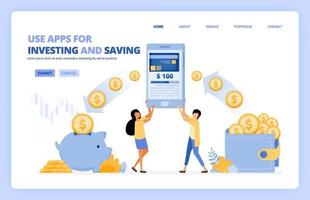 la gente usa aplicaciones móviles para ahorrar e invertir dinero en una sociedad 4.0 sin efectivo. El concepto de ilustración vectorial se puede utilizar para la página de destino, plantilla, ui ux, web, aplicación móvil, póster, pancarta, sitio web, folleto vector