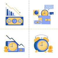 diseños de símbolo de logotipo para el tiempo es dinero, negocios, tecnología 4.0, finanzas, inversión. La plantilla de paquete de iconos planos se puede utilizar para la página de destino, web, aplicación móvil, póster, banner, sitio web, gráfico vector