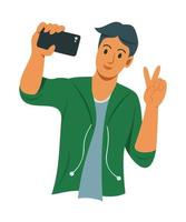 hombre tomando una foto selfie por teléfono móvil. vector