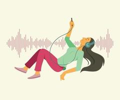 mujer escuchando y flotando en el espacio con fondo de onda de sonido. vector