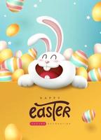 Easter banner background with cute rabbit and colored easter eggs. vector