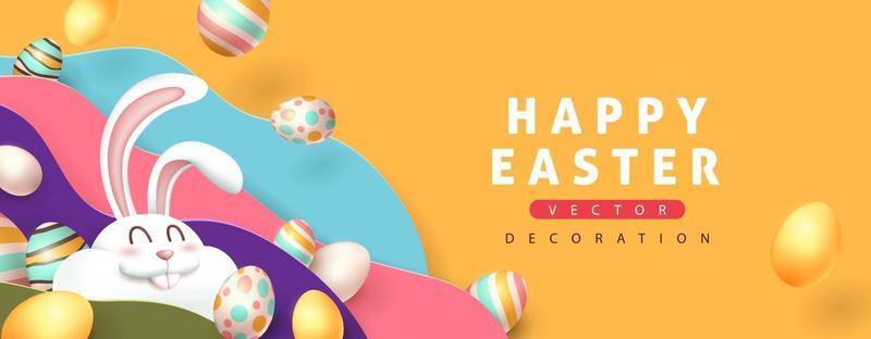 Easter banner background with cute rabbit and colored easter eggs.