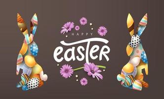 Fondo de banner de feliz pascua. forma de conejo o conejito con huevos de colores. vector