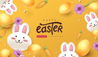 Easter banner background with cute rabbit and colored easter eggs. vector