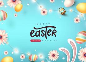 Easter banner background with cute rabbit and colored easter eggs. vector