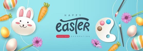 Fondo de banner de Pascua con lindo conejo y huevos de Pascua de colores. vector