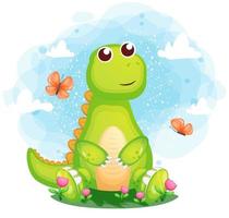 lindo dino en la hierba con personaje de dibujos animados de mariposas vector