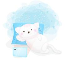 Cute kitty lying and watching a movie on a tablet vector