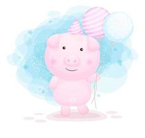 Cute doodle piggy holding balloons cartoon illustration vector