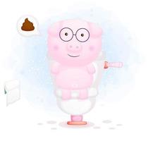 Cute doodle piggy sitting on toilet cartoon character