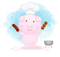 Cute piggy chef holding a grill sausage and a grill meatball. vector