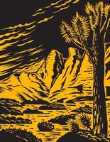 Joshua Tree in the Remote and Rugged Desert Landscape of Gold Butte National Monument in Clark County Nevada Woodcut WPA Poster Art vector