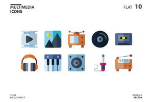 Colección de 10 iconos de multimedia en estilo plano. ilustración vectorial y trazo editable. aislado sobre fondo blanco. vector
