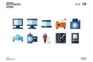 Colección de 10 iconos de multimedia en estilo plano. ilustración vectorial y trazo editable. aislado sobre fondo blanco. vector