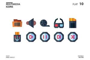 10 Icon collection of Multimedia in flat style. vector illustration and editable stroke. Isolated on white background.