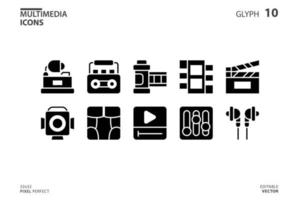 Icon collection of Multimedia in glyph style. vector illustration and editable stroke. Isolated on white background.