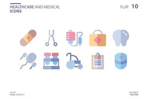 Healthcare And Medical icon set in flat style. Vector logo design template. Modern design icon, symbol, logo and illustration. Vector graphics illustration and editable stroke. Isolated on white background.