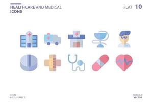 Healthcare And Medical icon set in flat style. Vector logo design template. Modern design icon, symbol, logo and illustration. Vector graphics illustration and editable stroke. Isolated on white background.