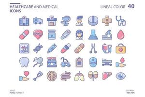 línea médica y sanitaria y conjunto de iconos de relleno vector