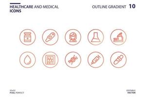 conjunto de iconos de salud y médicos en estilo degradado de contorno vector