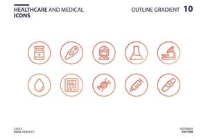 Healthcare and medical icon set in outline gradient style vector