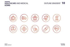 conjunto de iconos de salud y médicos en estilo degradado de contorno vector