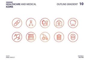conjunto de iconos de salud y médicos en estilo degradado de contorno vector