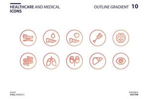 conjunto de iconos de salud y médicos en estilo degradado de contorno vector