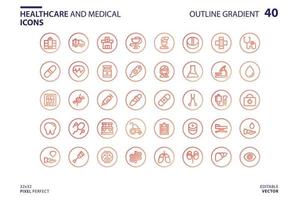 conjunto de iconos de salud y médicos en estilo degradado de contorno vector