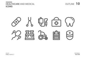 conjunto de iconos de línea médica y sanitaria vector