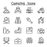 iconos de camping y senderismo en estilo de línea fina vector