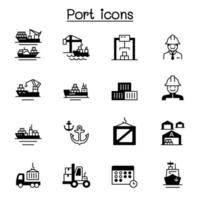 Set of marine port related vector icons.