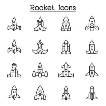 Rocket, spaceship, spacecraft icon set in thin line style vector