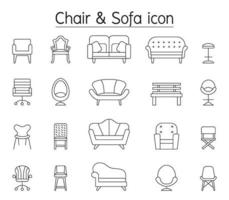 icono de silla y sofá en estilo de línea fina vector