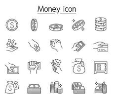 Money, Cash, Coin, Currency icon set in thin line style vector