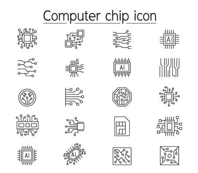 Computer chip icon set in thin line style vector