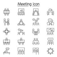 Business meeting, conference, seminar and Interview icon set in thin line style vector