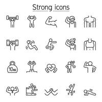 iconos de ejercicio fuertes, en forma, en estilo de línea fina vector