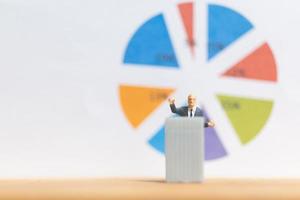 Miniature businessman standing in front of a business graph background, business growth concept photo