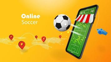 Online soccer concept with 3D mobile phone and football on yellow background vector