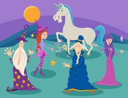 cartoon wizards and witches with unicorn fantasy characters vector