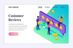 concepto de diseño de página de destino isométrica del concepto de reseñas de clientes, personas que otorgan calificación y revisión de cinco estrellas, comentarios positivos. servicio al cliente y experiencia de usuario. ilustración vectorial vector