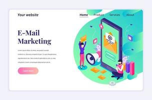 Isometric landing page design concept of Email marketing services with a man sitting near a giant smartphone. vector illustration