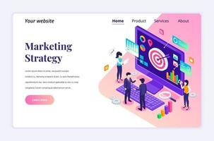 Isometric landing page design concept of Marketing strategy. business people characters work near a giant computer with data and graphic charts. vector illustration