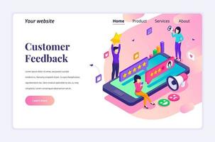 Isometric landing page design concept of Customer reviews concept, People near big smartphone giving feedback. Customers evaluating a product or service. vector illustration