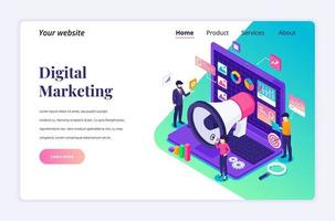 Isometric landing page design concept of Digital marketing, business people characters work near a giant laptop with data and graphic charts. vector illustration