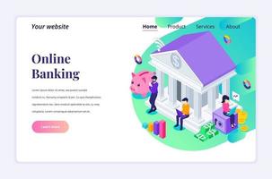 Isometric landing page design concept of Online Banking with characters, Online financial and business investment. vector illustration