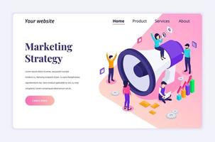 Isometric landing page design concept of Marketing strategy campaign, people holding and shout on the giant megaphone for promotion and sales program. vector illustration