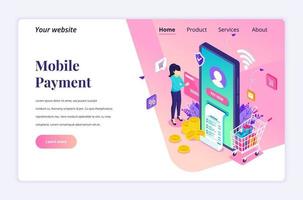 Modern flat isometric design concept of Online Payment, money transfer. A young woman is making an online transaction for website and mobile website. Landing page template. vector illustration