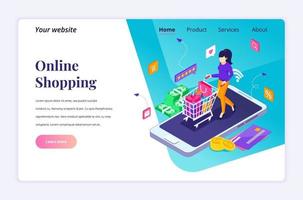 Isometric landing page design concept of Online Shopping. A woman is carrying a shopping cart on a giant smartphone. vector illustration